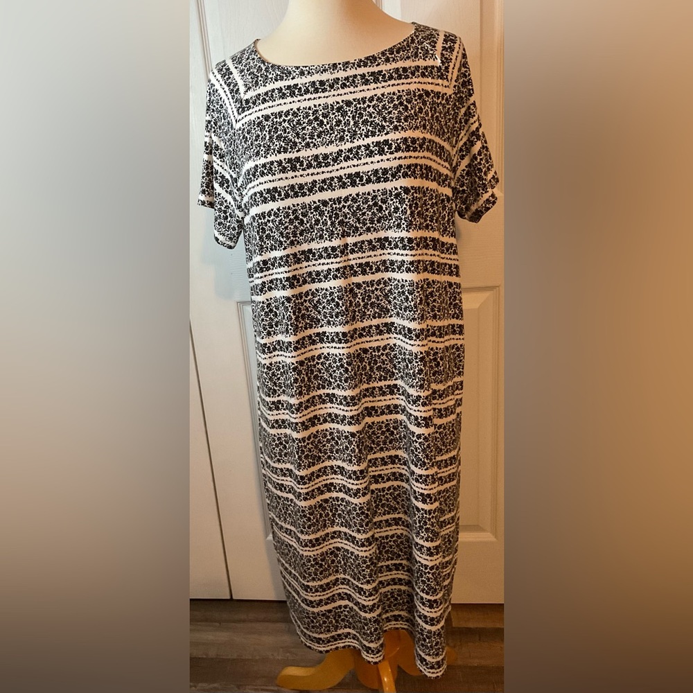 J Jill Black & White Floral Striped Short Sleeve T Shirt Dress Large